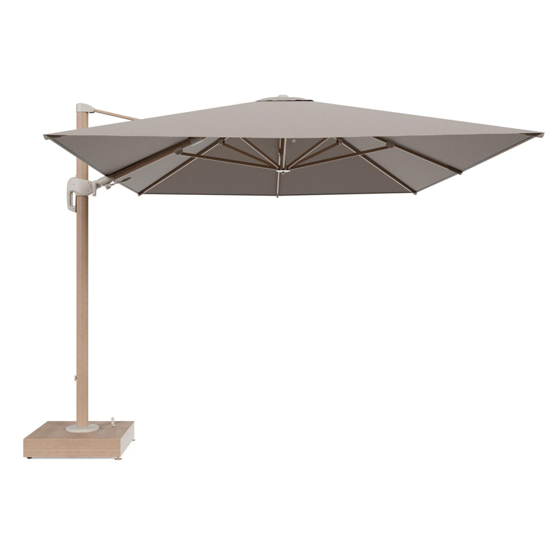 Rufina zweefparasol met tiltfunctie in houtlook aluminium en Firenze Earth All Weather Solica parasoldoek - L1 400 x L2 300 cm met parasolvoet Minore 150 kg met wielen