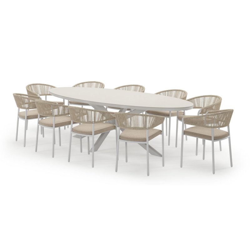 Pamplona ovale tuinset in wit aluminium en sintered stone crema minerale met 10 Zamora tuinstoelen