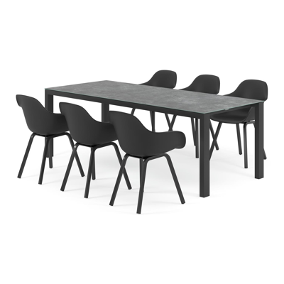 Ensemble de jardin Trente en aluminium noir avec plateau de table en céramique verre gris et 6 chaises de jardin Puglia