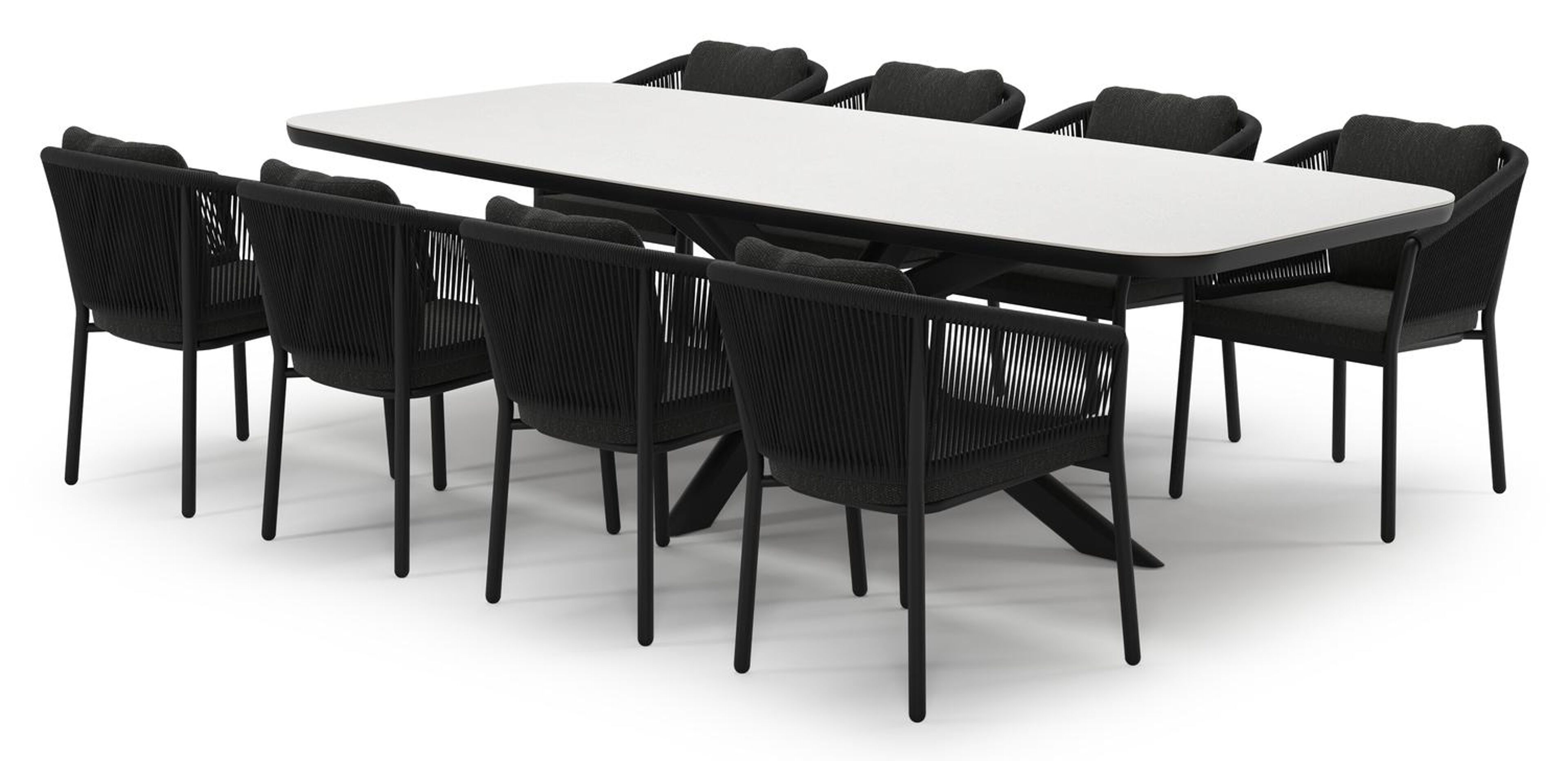 Ensemble de jardin Pamplona en aluminium noir et sintered stone topo minerale avec 8 chaises de jardin Gerona