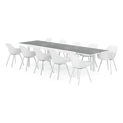 Calobra tuinset met verlengbare tafel in wit aluminium en grijs glas tafelblad met 10 Puglia tuinstoelen