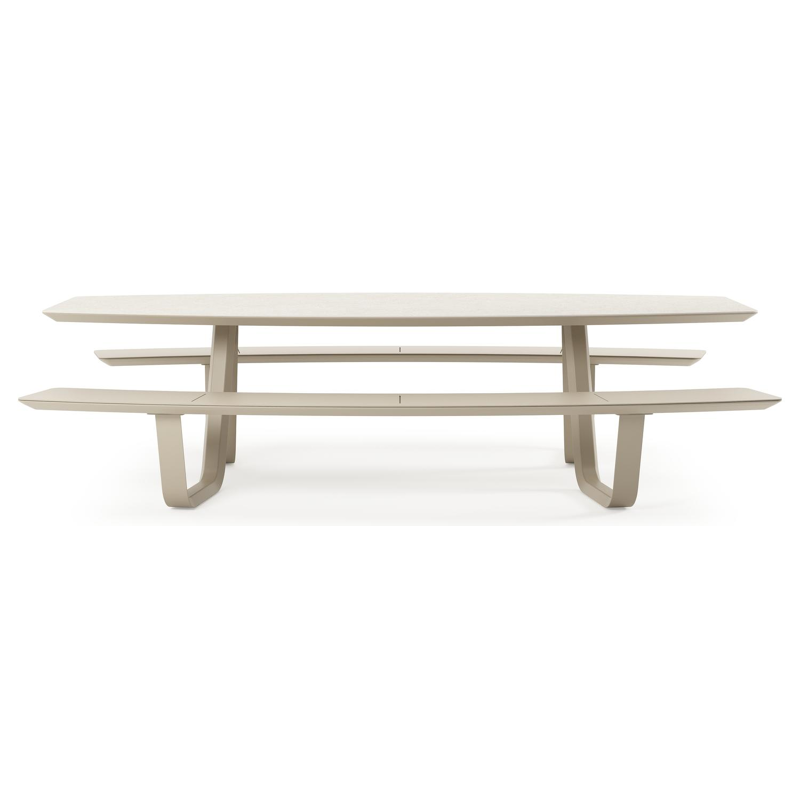 Table de pique-nique Forno forme de bateau en aluminium beige et céramique pleine Shilin - Lg. 280 x Lrg. 192 x Haut. 72 cm