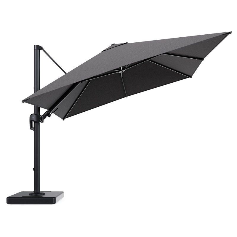 Parasol pendant Rufina avec fonction tilt en aluminium noir et toile de parasol en All Weather Solica Firenze Tunder - Lg.1 300 x Lg.2 300 cm avec pied de parasol Lapido 160 kg