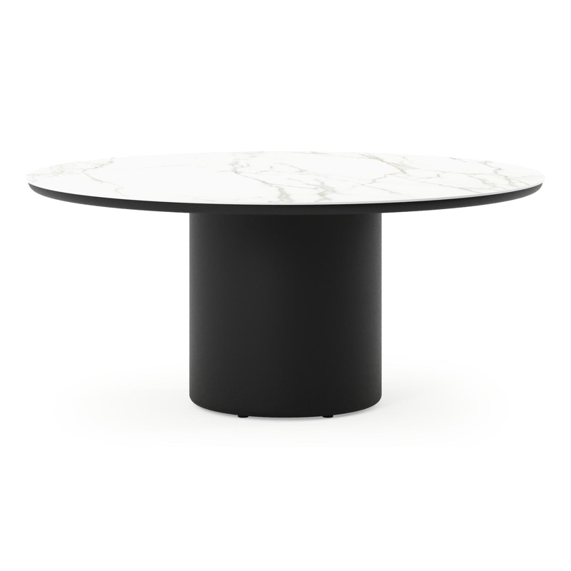 Amico low dining tuintafel rond in zwart aluminium en volkeramiek Calacatta - Dia. 148 x H 61 cm