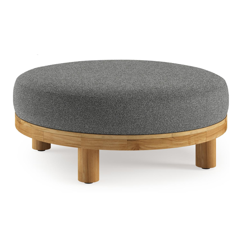 Donato lounge poef in teak en beige verticaal geweven ronde rope met all weather cosytica Catania Black kussen