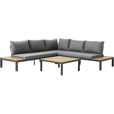 Toma loungehoek in zwart aluminium en polywood met grijs polyester kussen en loungetafel