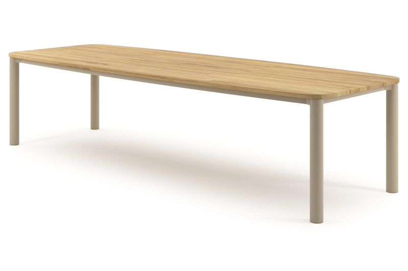 Table de jardin Orso forme de bateau en aluminium beige et teck - Lg. 315 x Lrg. 115 x Haut. 74.5 cm
