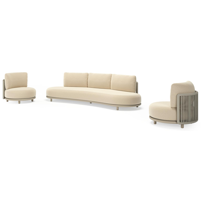 Salon de jardin Lomano en aluminium beige et corde luxe plate tissée verticalement beige et coussins en all weather solica Soul Papyrus