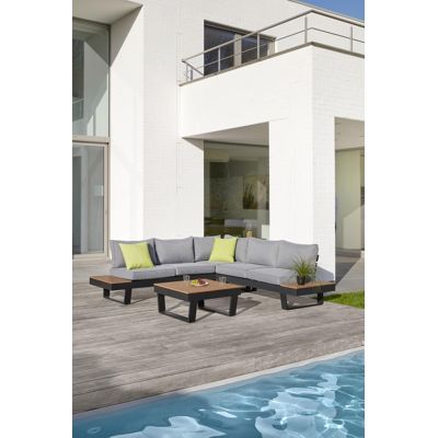 Salon de jardin d'angle Alora en aluminium noir et polywood avec coussin en gris polyester et table basse