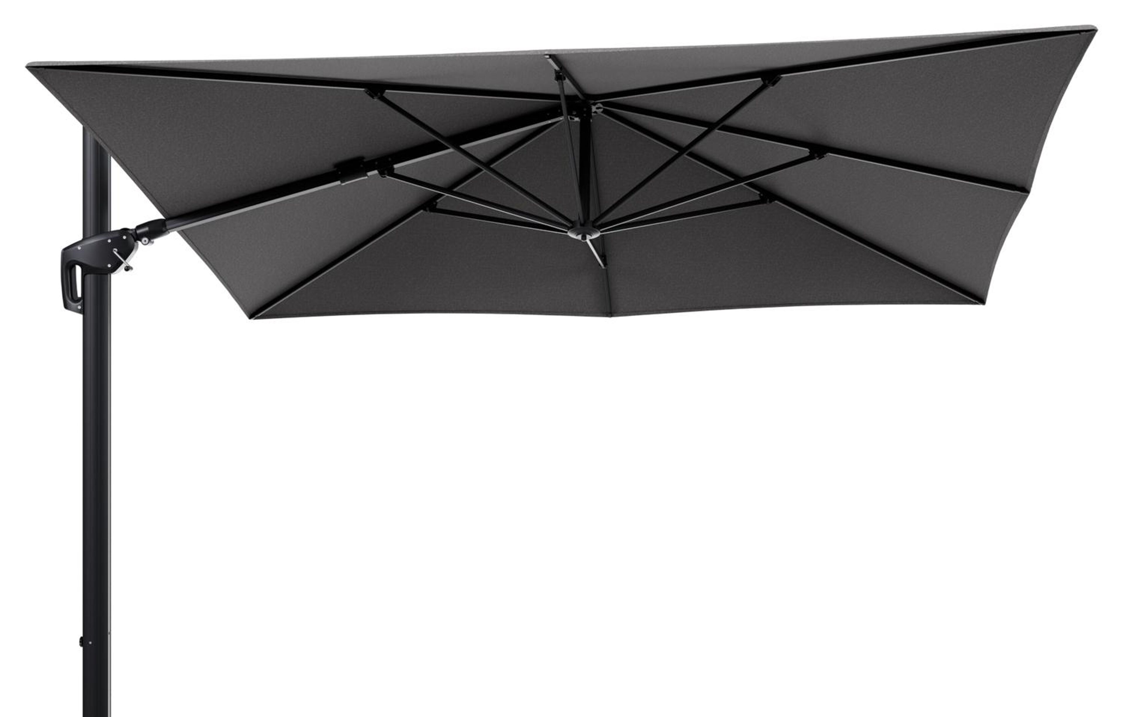 Parasol pendant Minore avec fonction tilt en aluminium noir avec toile de parasol en all weather sunbrella® luxe chartres drizzle - Lg.1 280 Lg.2 370 cm (sans pied de parasol)