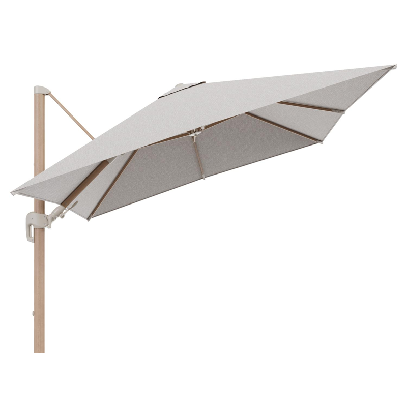 Parasol pendant Rufina avec fonction tilt en aluminium aspect de bois et toile de parasol en All Weather Sunbrella® Luxe Tundra Sand  - Lg.1 300 x Lg.2 300 cm (sans pied de parasol