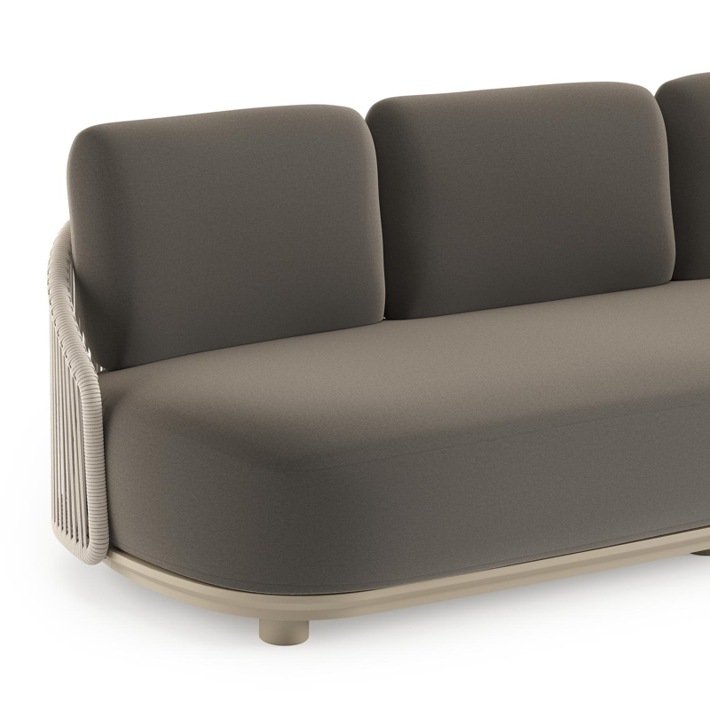 Canapé de jardin Vadelo en aluminium beige et corde ronde tissée verticalement beige et coussins en all weather sunbrella® luxe natte carbon beige