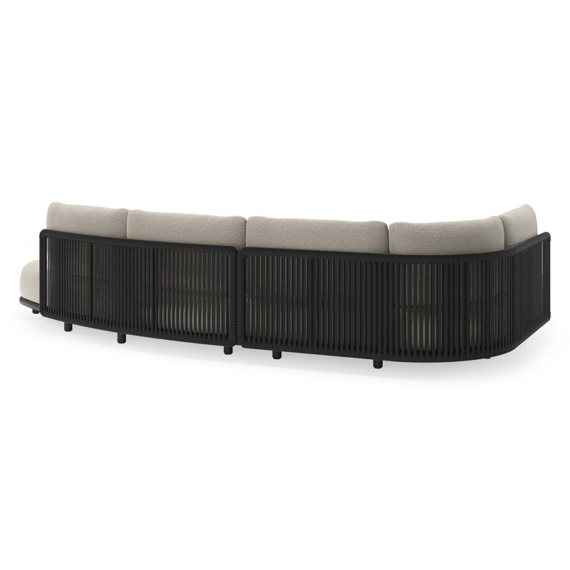 Lomano loungehoek in zwart aluminium en zwart verticaal geweven luxe vlakke rope met firenze sand all weather solica kussen