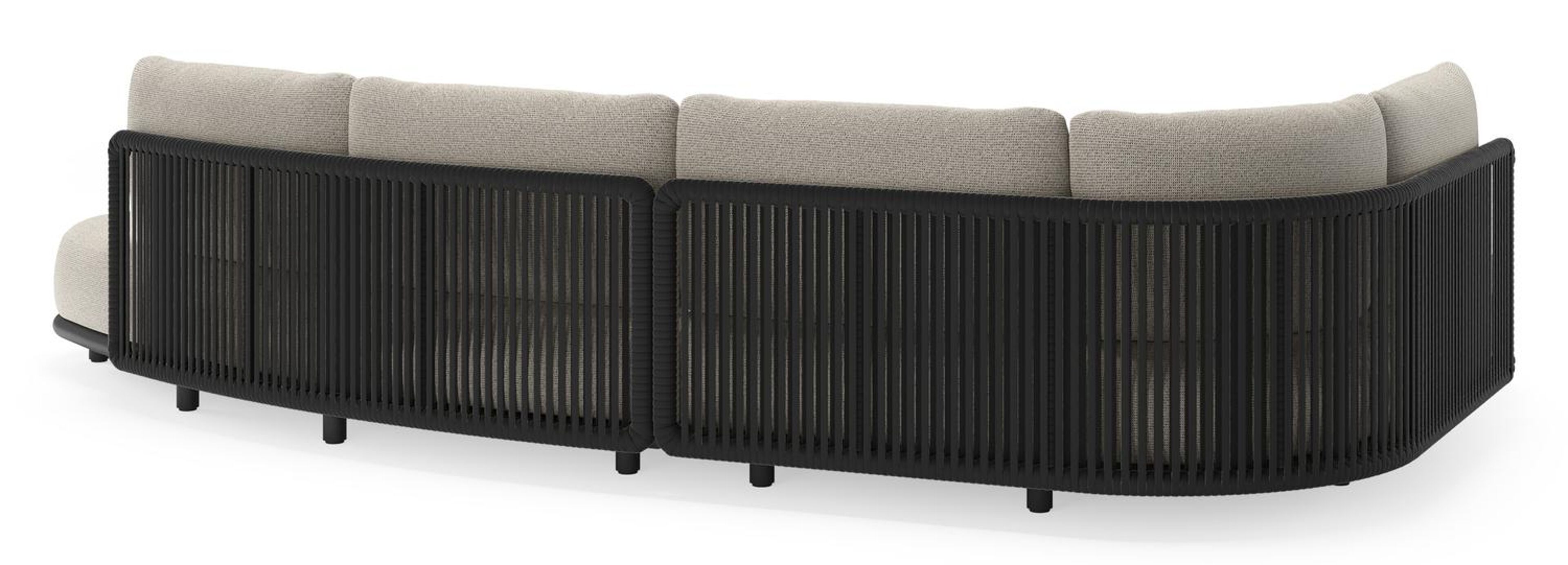 Salon de jardin d'angle Lomano en aluminium noir et corde luxe plate tissée verticalement noir et coussins en all weather solica firenze sand