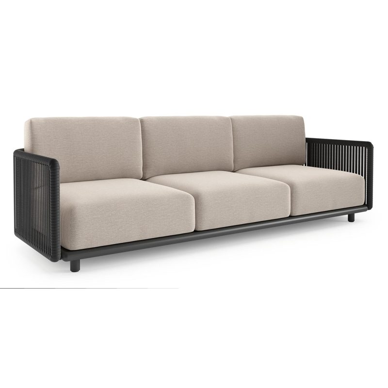 Organo loungebank in zwart aluminium en zwart verticaal geweven luxe vlakke rope met slow farafra all weather Sunbrella® luxe kussen