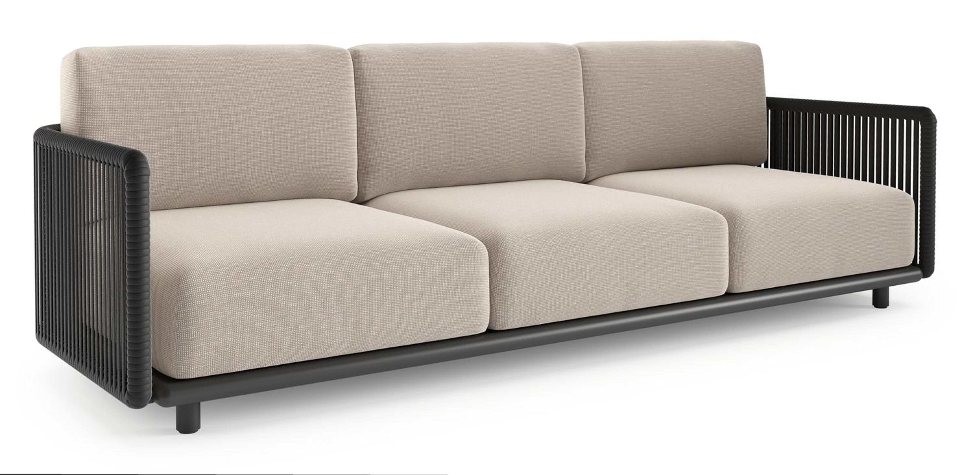 Organo loungebank in zwart aluminium en zwart verticaal geweven luxe vlakke rope met slow farafra all weather Sunbrella® luxe kussen