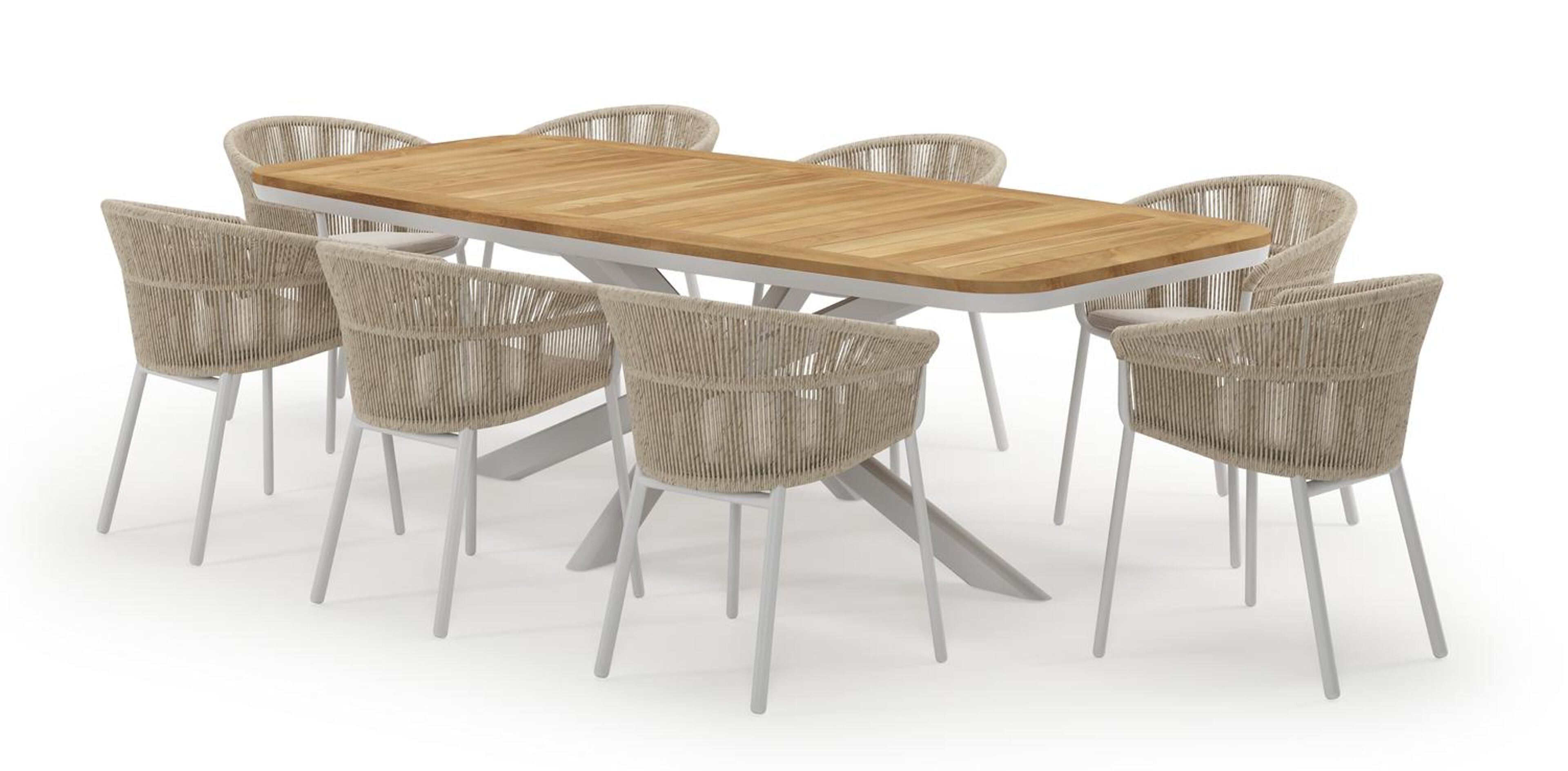 Pamplona bootvormige tuinset in wit aluminium en teak natural finish met 8 Matera tuinstoelen