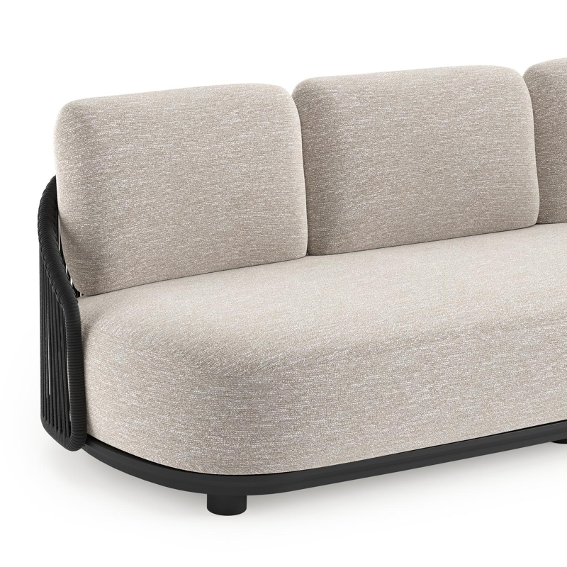Vadelo loungeset in zwart aluminium en zwart verticaal geweven ronde rope met tundra sand all weather sunbrella® luxe kussen