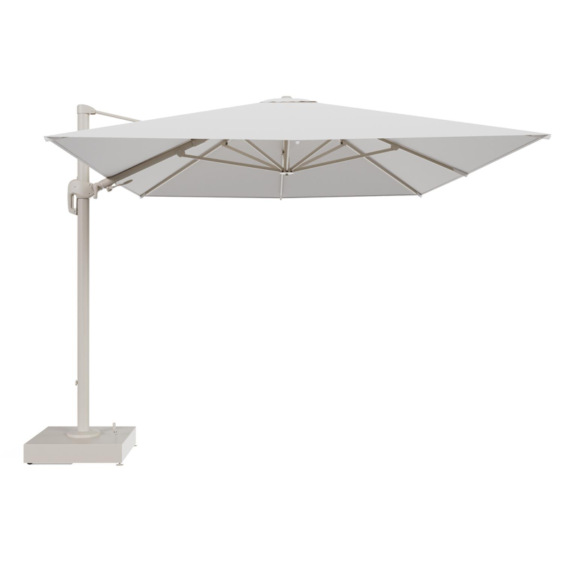 Parasol pendant Rufina avec fonction tilt en aluminium beige et toile de parasol All Weather Solica Soul Optik - Lg.1 400 x Lg.2 300 cm avec pied de parasol Minore 150 kg avec roulettes