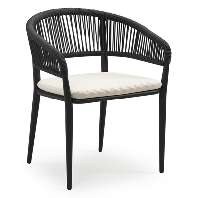 Tolfa stapelbare tuinstoel in zwart aluminium en zwart verticaal geweven ronde rope met stoelkussen in All Weather Cosytica Althea Off White