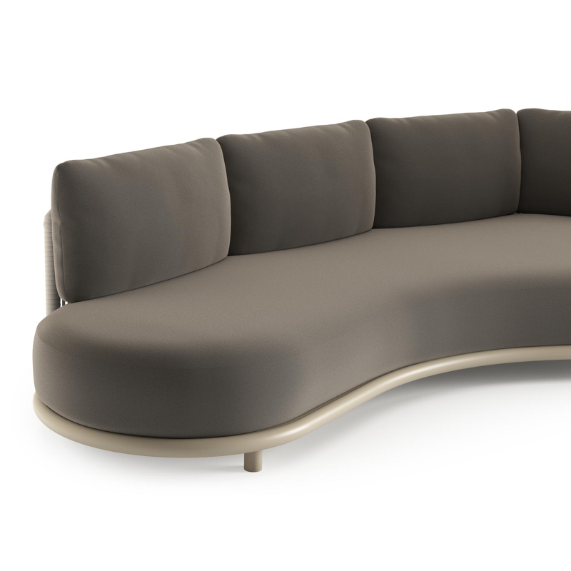 Lomano loungebank in beige aluminium en beige verticaal geweven luxe vlakke rope met natte carbon beige all weather sunbrella® luxe kussen