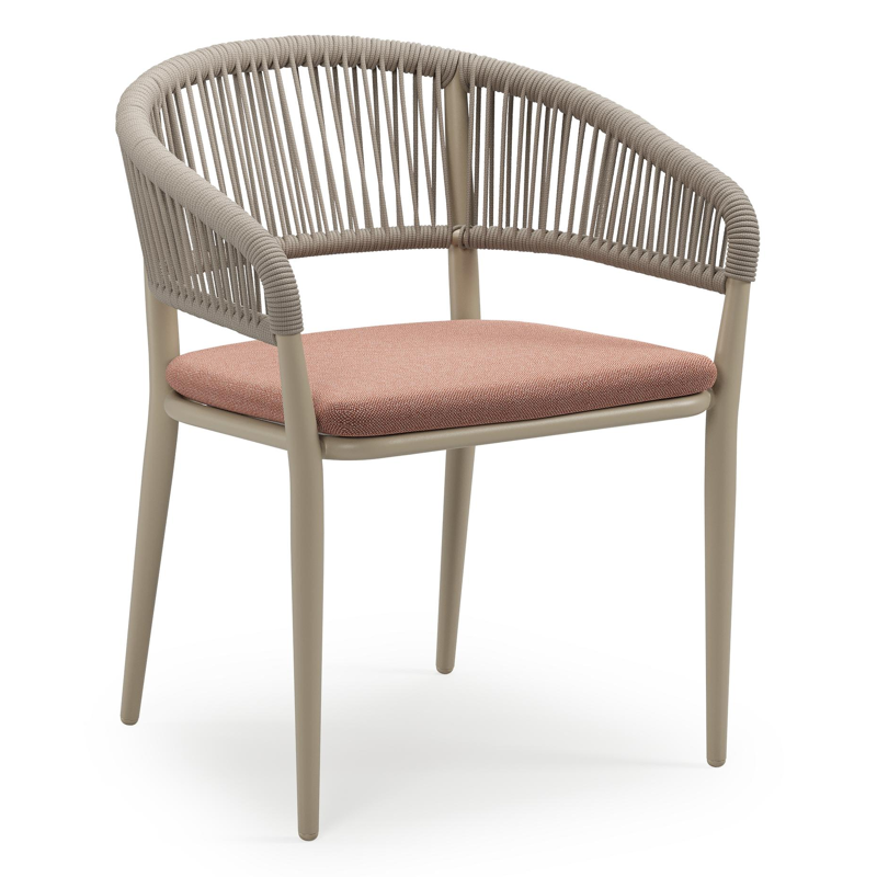 Tolfa stapelbare tuinstoel in beige aluminium en beige verticaal geweven ronde rope met stoelkussen in All Weather Sunbrella® Luxe Savane Rust