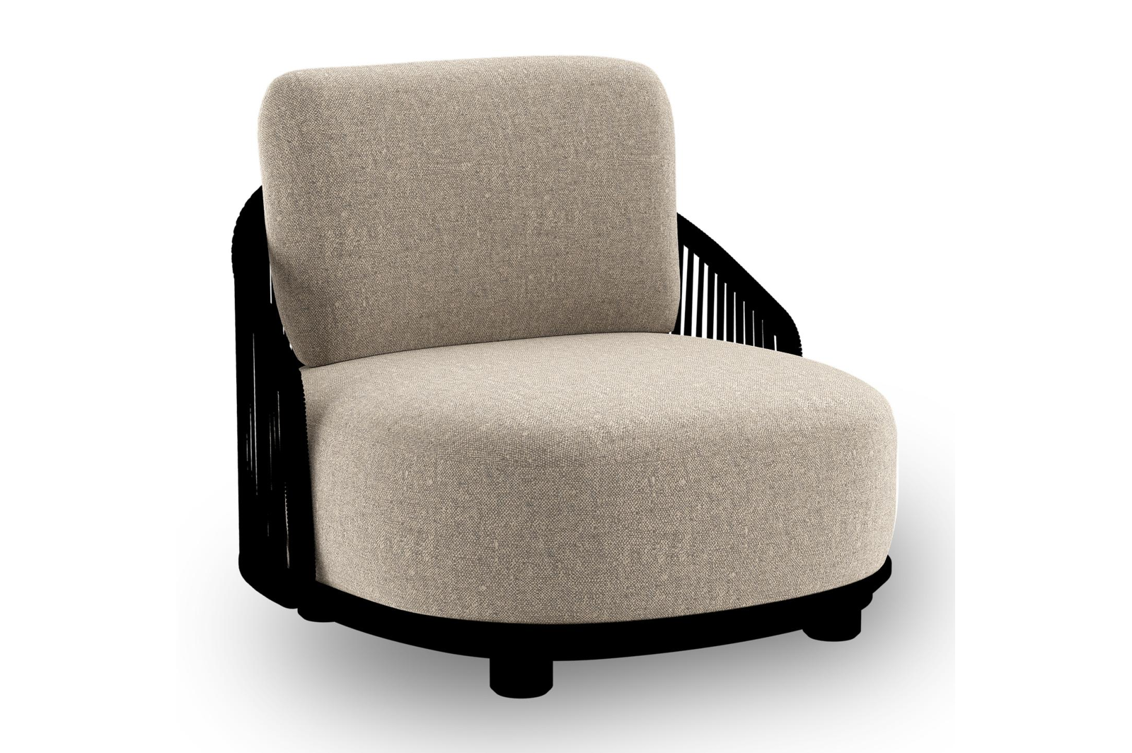 Vadelo loungestoel in zwart aluminium en zwart verticaal geweven ronde rope met chartres pewter all weather sunbrella® luxe kussen