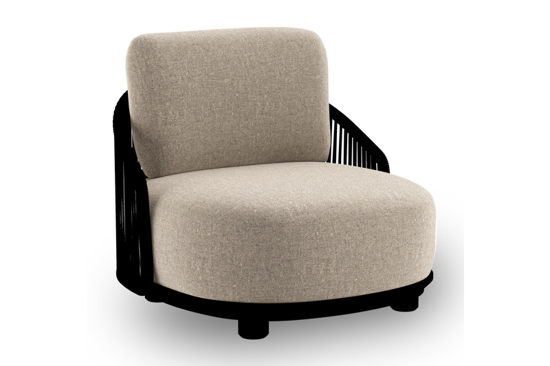 Vadelo loungestoel in zwart aluminium en zwart verticaal geweven ronde rope met chartres pewter all weather sunbrella® luxe kussen