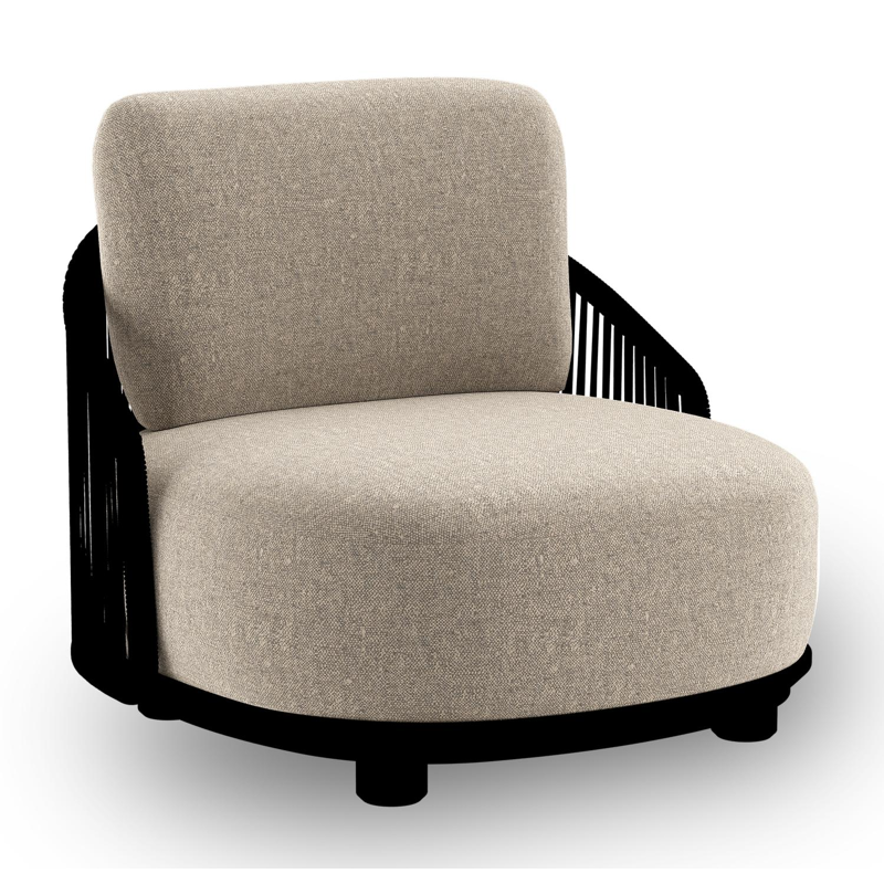 Vadelo loungestoel in zwart aluminium en zwart verticaal geweven ronde rope met chartres pewter all weather sunbrella® luxe kussen