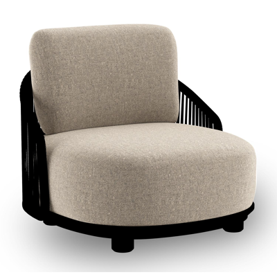 Vadelo loungestoel in zwart aluminium en zwart verticaal geweven ronde rope met chartres pewter all weather sunbrella® luxe kussen