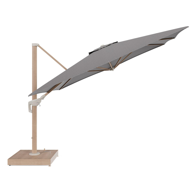 Minore zweefparasol met tiltfunctie in houtlook aluminium en Chartres Drizzle All Weather Sunbrella® Luxe parasoldoek - L1: 350 x L2: 350 cm met parasolvoet Minore 260 kg met wielen