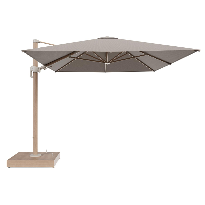 Rufina zweefparasol met tiltfunctie in houtlook aluminium en Firenze Earth All Weather Solica parasoldoek - L1 400 x L2 300 cm met parasolvoet Minore 260 kg met wielen