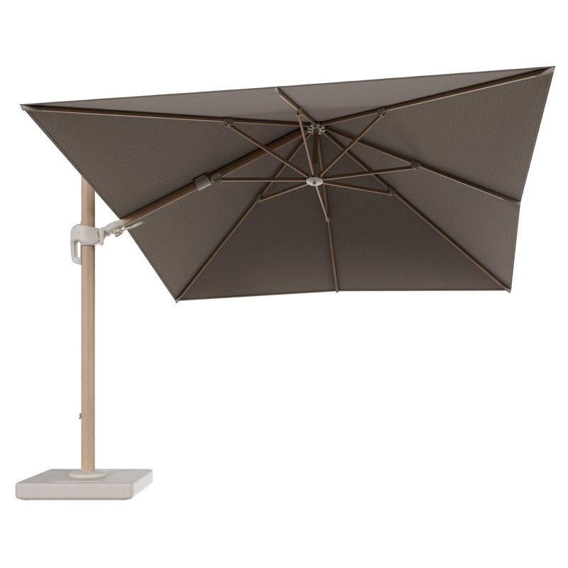 Rufina zweefparasol tiltfunctie in houtlook aluminium en parasoldoek in All Weather Solica Firenze Earth - L1 300 x L2 300 cm met parasolvoet Lapido 160 kg