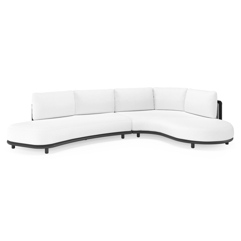 Salon de jardin d'angle Lomano en aluminium noir et corde luxe plate tissée verticalement noir et coussins en all weather solica ego birch