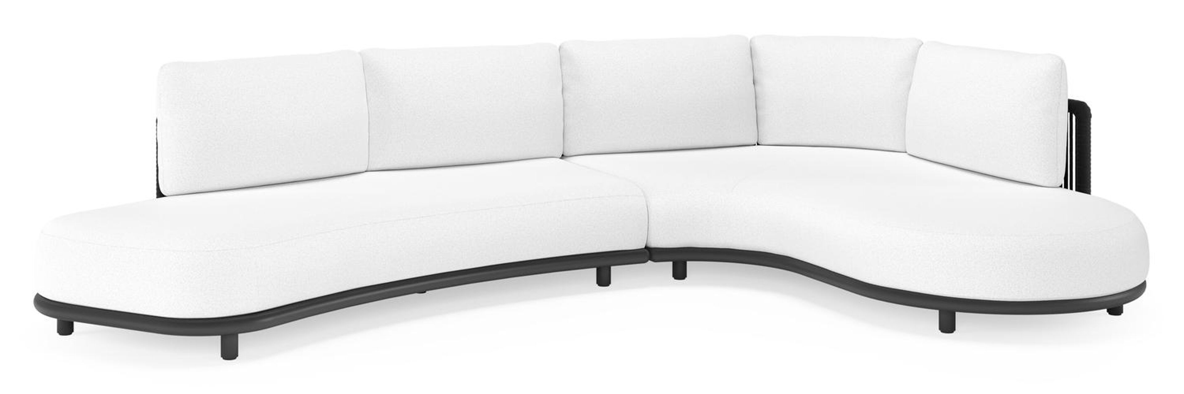 Lomano loungehoek in zwart aluminium en zwart verticaal geweven luxe vlakke rope met ego birch all weather solica kussen