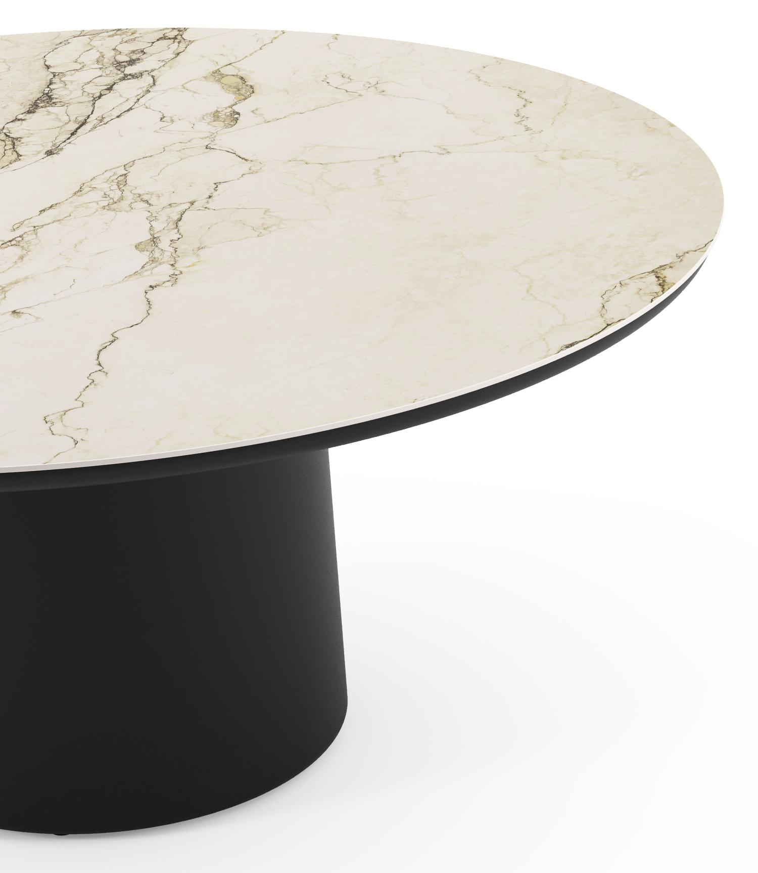 Amico low dining tuintafel rond in zwart aluminium en volkeramiek Colorado Dunes - Dia. 148 x H 61 cm