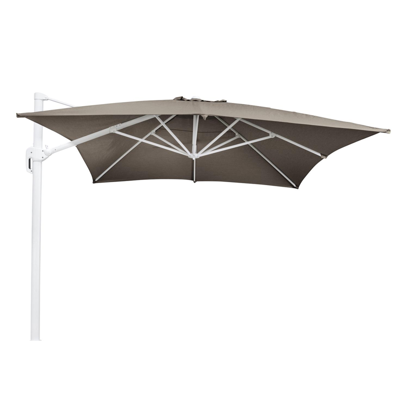 Parasol pendant Rufina en aluminium blanc avec toile de parasol en all weather sunbrella® luxe natte heather grey - Larg1 400 x Larg2 300 cm (sans pied de parasol)