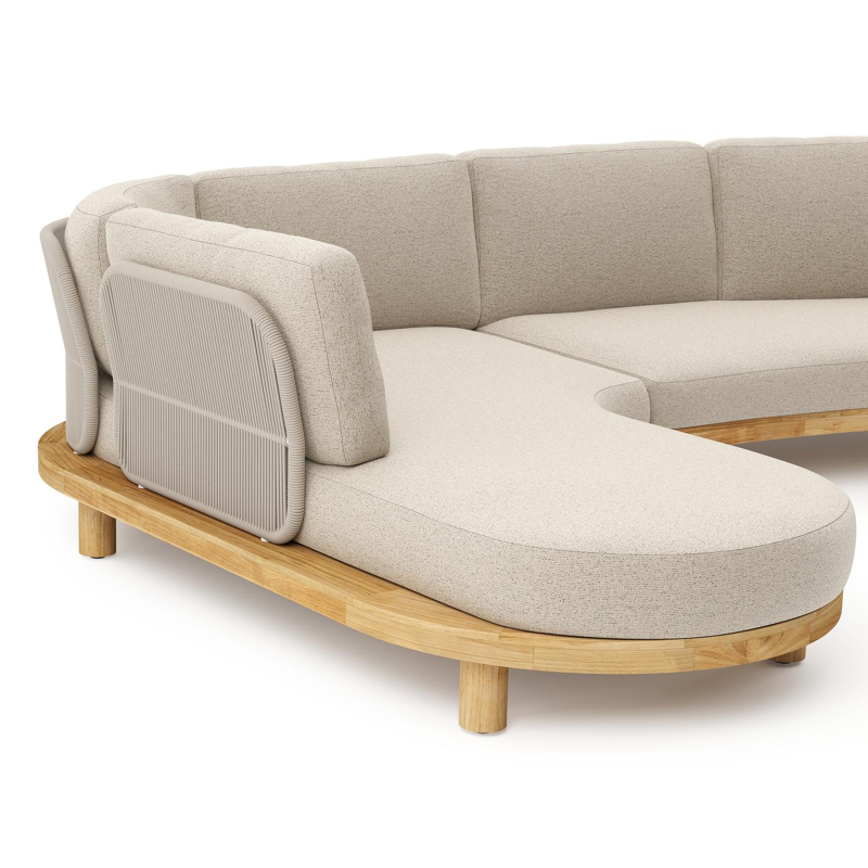 Donato loungehoek in teak en beige verticaal geweven ronde rope met all weather cosytica Marbella Beige kussen