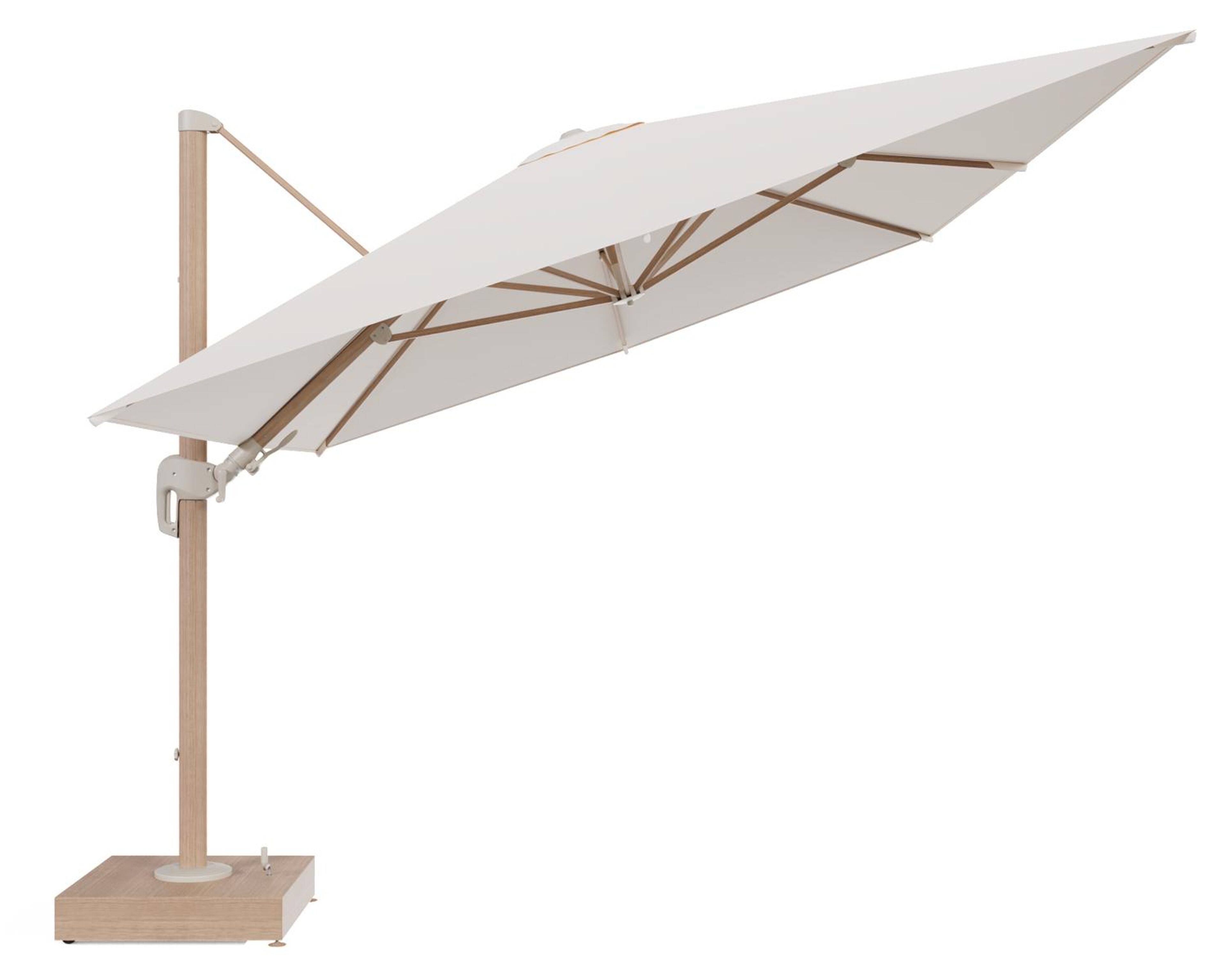 Rufina zweefparasol met tiltfunctie in houtlook aluminium en Natte Linen Chalk All Weather Sunbrella® Luxe parasoldoek - L1 400 x L2 300 cm met parasolvoet Minore 150 kg met wielen