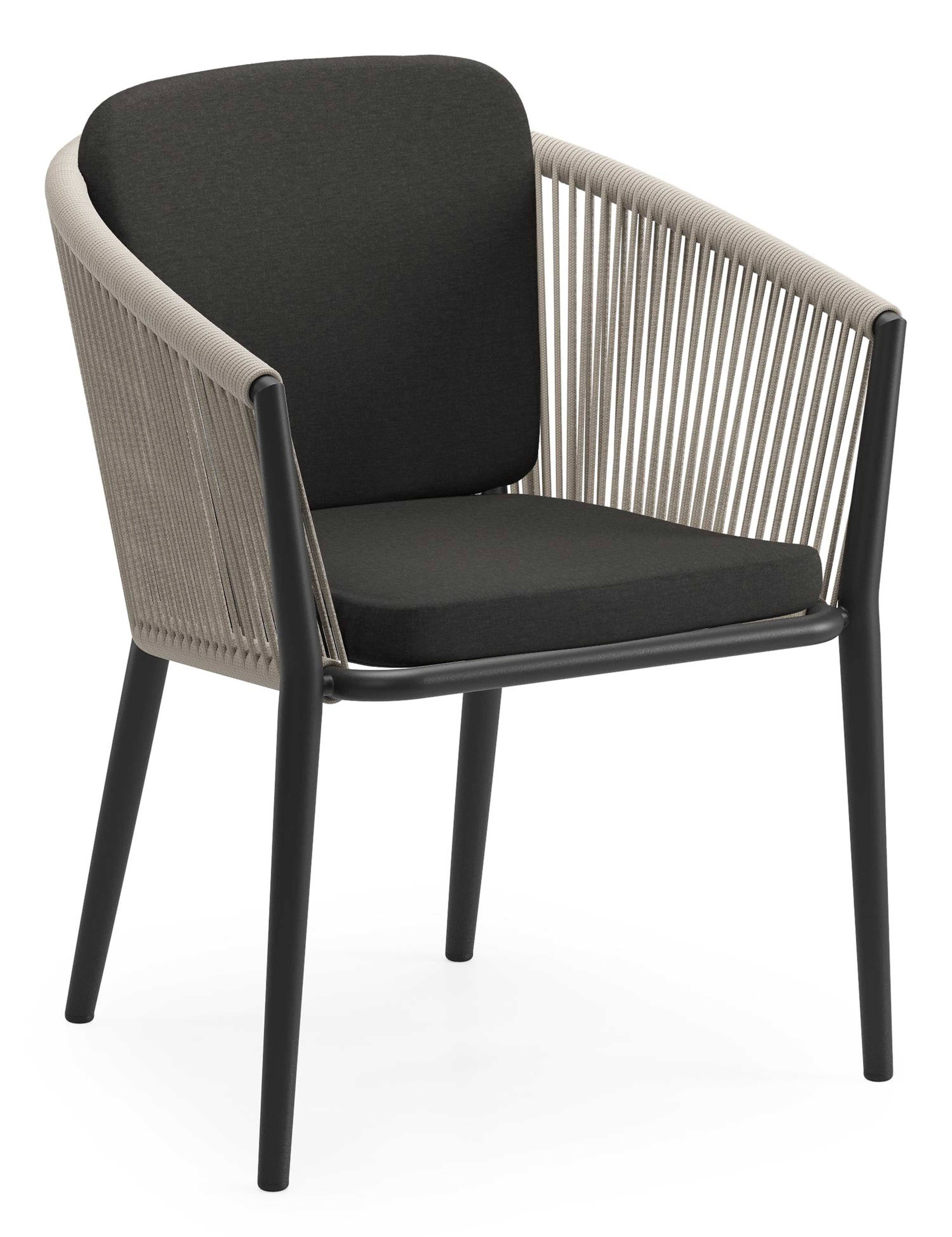 Orso tuinstoel in zwart aluminium en beige verticaal geweven ronde rope met zitkussen in All Weather Sunbrella® Luxe Heritage Char