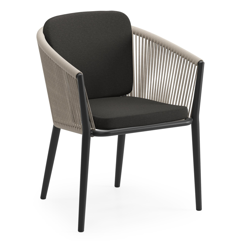 Orso tuinstoel in zwart aluminium en beige verticaal geweven ronde rope met zitkussen in All Weather Sunbrella® Luxe Heritage Char