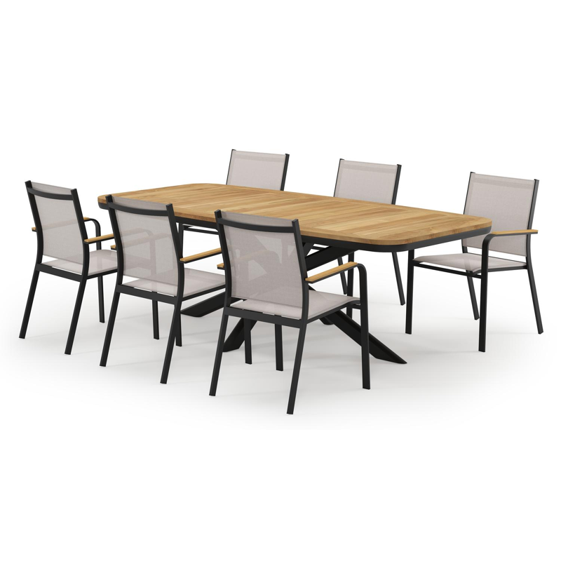 Pamplona bootvormige tuinset in zwart aluminium en teak natural finish met 6 Amalfi tuinstoelen