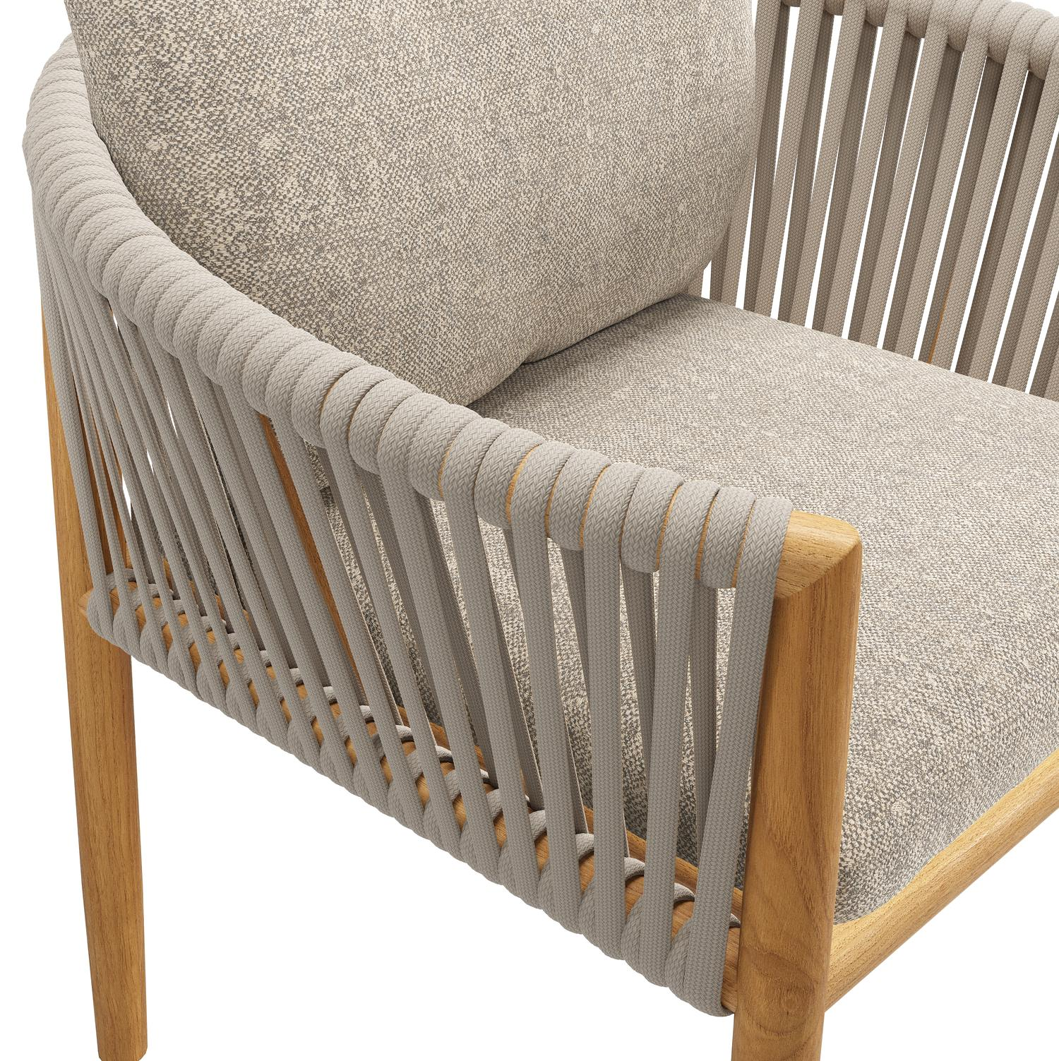 Organo tuinstoel in beige teak en beige verticaal geweven luxe vlakke rope met kussen in All Weather Sunbrella® Luxe Chartres Pewter