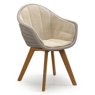 Pagino tuinstoel in teak en beige verticaal geweven ronde rope met zitkussen in All Weather Cosytica Althea Camel