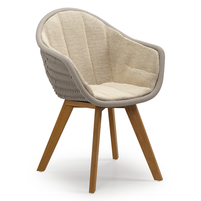 Pagino tuinstoel in teak en beige verticaal geweven ronde rope met zitkussen in All Weather Cosytica Althea Camel