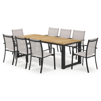 Livo rechthoekige tuinset in zwart aluminium en teak natural finish met 8 Calobra tuinstoelen