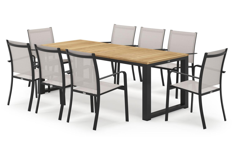 Livo rechthoekige tuinset in zwart aluminium en teak natural finish met 8 Calobra tuinstoelen