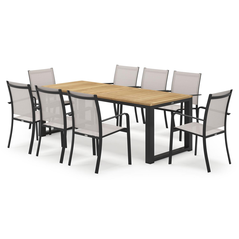 Livo ensemble de jardin rectangulaire en aluminium noir en teck natural finish avec 8 chaises de jardin Calobra
