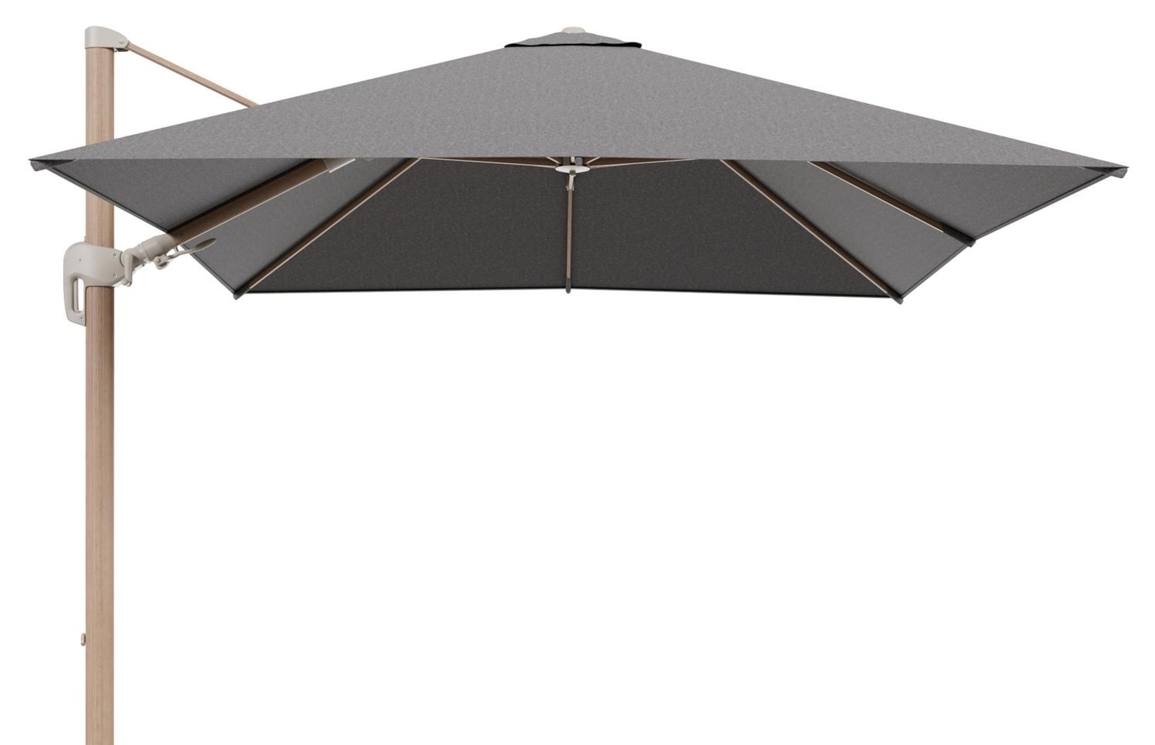 Rufina zweefparasol tiltfunctie in houtlook aluminium en parasoldoek in All Weather Sunbrella® Luxe Chartres Drizzle  - L1 300 x L2 300 cm (zonder voet) (zonder voet)