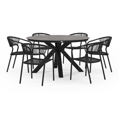 Tora tuinset in zwart aluminium en grijs keramische print tafelblad met 6 stapelbare Vigo tuinstoelen